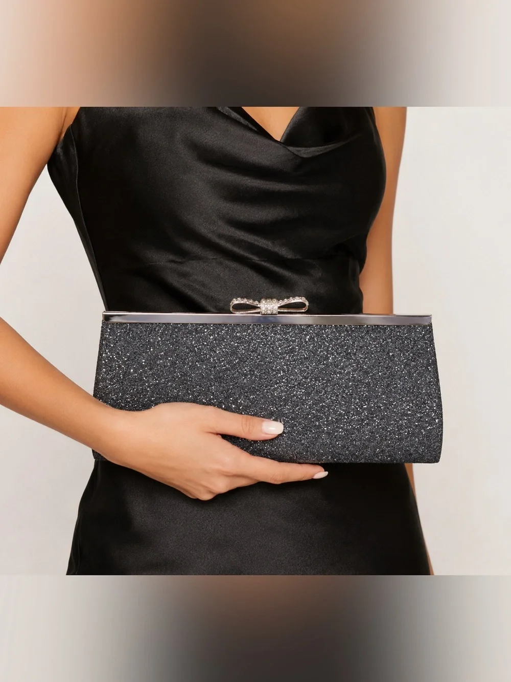 Black Glitter Evening Clutch Bow Crystal Clasp Silver Chain Formal Purse